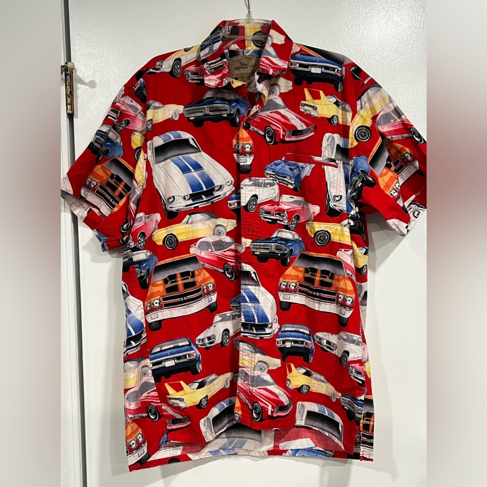 Mens button up red with cars